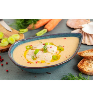 Velouté de poireaux et Saint-Jacques